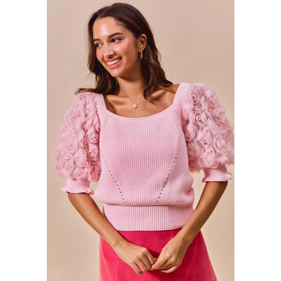 Rosette Sleeves Square Neck Sweater Knit Top - Picture 2 of 9